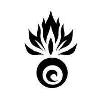 A symmetrical black and white minimalist of a stylized flame above a concentric spiral within a circle, set against a stark white backdrop. vector
