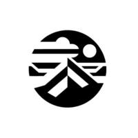 Minimalist black and white circle depicting stylized mountain, sun, cloud, and water elements within a monochromatic, geometric landscape. vector