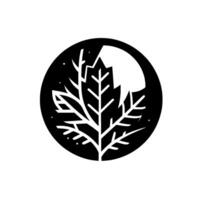 Minimalist Black Circle Emblem White Leaf with Branching Veins and a Mountain Silhouetted within a Circular Black Frame, evoking nature and serenity. vector