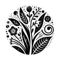Stylized Black and White Floral Composition in a Circle A detailed of flowers, leaves, and other plant elements arranged within a circular frame, exhibiting a minimalist and style. vector