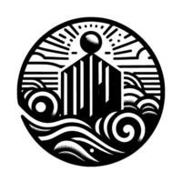 Minimalist black and white illustration of a stylized coastal landscape within a circular frame, featuring a building, ocean, and sun. vector