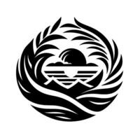 A symmetrical black and white featuring a stylized seascape sun, clouds, waves and mountains framed by organic, leaflike elements, creating a harmonious circular design. vector
