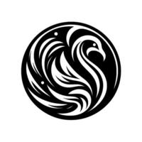 A minimalist black and white featuring a stylized bird, resembling a swan or phoenix, within a circular frame, embodying elegance and symmetry. vector
