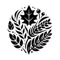Intricate Black and White Floral and Botanical Composition, Arranged in a Circular Emblem with Leafy, Branching, and Budding Elements, Evoking Natures Essence vector