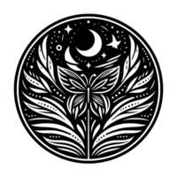 Intricate Monochrome Circle Illustration A butterfly centerpiece surrounded by celestial elements, including a crescent moon, stars, and decorative flora within a detailed border. vector