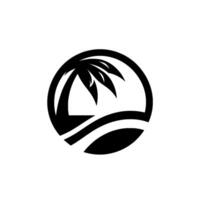 A minimalist black and white circular featuring a stylized palm tree silhouette over rolling waves, embodying tropical paradise. vector