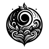 Intricate black and white ornamental featuring swirling patterns, leaves, a spiral, and a teardrop shape at the bottom, contained within an oval. vector