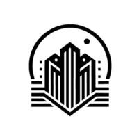 Abstract architectural featuring stylized skyscrapers, a rising sun, and geometric details, creating a minimalist cityscape in black and white. vector