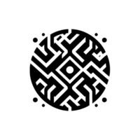 Intricate black and white circular geometric pattern featuring a mazelike design, central diamond, and surrounding dots, set against a stark white backdrop. vector