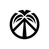 A minimalist black and white logo, blending a palm tree silhouette within the universal peace symbols form, set against a clean white backdrop. vector