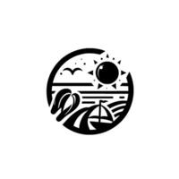 Black and white circular depicting a tropical beach scene, complete with palm trees, ocean, sun, birds, and a sailboat. vector