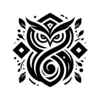 Stylized black and white symmetrical owl illustration, with geometric patterns, decorative leaves, and dots, evoking a sense of wisdom, balance, and elegant simplicity. vector