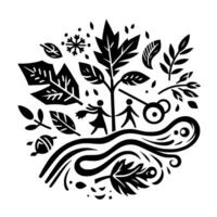 A circular black and white cutpaper illustration of a family with flowing lines, trees, leaves, and a snowflake, representing nature and connection. vector