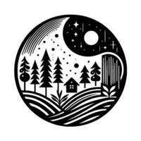 Yin Yang Harmony A monochromatic nature scene, depicting a forest landscape under a starry night sky, complemented by a serene moon and a cozy house. vector