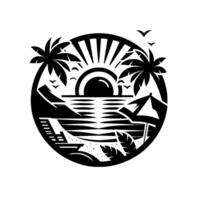 Black and White Circular Beach Scene Sun, Palm Trees, Birds, Waves, Umbrella, and Lounge Chair, Tranquil Summer Vibes vector