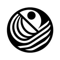 A stylized, abstract featuring a black and white within a circle. It appears to be a bird or sun over waves. vector