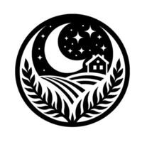 A stylized, circular emblem of a serene night landscape with a crescent moon, stars, a house, rolling fields, and surrounding foliage, rendered in black and white. vector