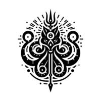 Intricate Black and White Ornamental Design A Symmetric Composition Featuring a stylized felinelike figure at the center, adorned with decorative patterns and radial elements, evoking a sense of mys vector