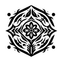 Symmetrical black and white floral mandala with stylized leaves and intricate geometric pattern, centered on a flower motif, on a white background. vector