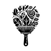 Black and white artistic representation of a paintbrush sprouting an assortment of stylized leaves, plants, and abstract organic elements. vector