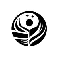 Abstract black and white emblem featuring a circle encompassing a stylized form suggesting a rising figure or open hands, topped by two stars and a central dot, evoking a sense of unity, space, or asp vector