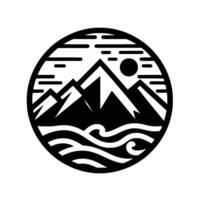 Monochromatic circular emblem depicting mountain silhouettes, waves, sun, and clouds, representing nature and adventure in a minimalist style. vector