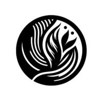 Abstract black and white botanical emblem within a circular frame, featuring stylized leaves and curved lines, creating a balanced and elegant composition. vector