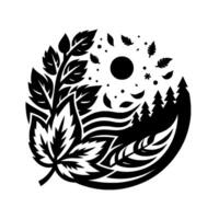 A stylized black and white circular composition depicting natures elements, showcasing a fusion of leaves, trees, and atmospheric particles. vector