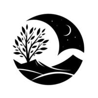 Black and White Circular Illustration of a Tree Silhouetted Against a Crescent Moon and Starry Night Sky Above Rolling Hills vector