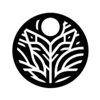 Abstract monochrome within a circle, featuring stylized avianlike elements, geometric lines, and a central sphere representing a sun or a full moon. vector