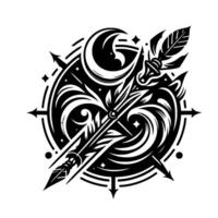 Intricate Black and White Emblem A Circular Featuring a Crescent, Arrows, a Feathered Arrow, and Ornate Floral and Swirl Elements. vector