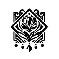 Intricate black and white symmetrical floral emblem with stylized leaves, geometric shapes, and ornamental detail on a white background. vector
