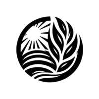Black and White Circular Featuring Sun Rays, Terraced Fields, and Leafy Branch, Evoking Natural Harmony. vector