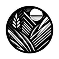 Stylized Black and White Illustration of a Farm Landscape with Wheat, Fields, and a Sunrise Encased in a Circular Frame. vector