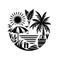 Stylized black and white illustration depicting a sunny beach scene within a circular frame, featuring an umbrella, palm tree, and beach accessories. vector