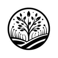 Monochrome, stylized illustration depicting a growing tree with leaves, nestled in a circular frame with grassy meadow foreground, evocative of nature. vector