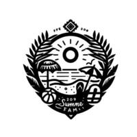 Intricate black and white illustration of a summer beach scene within a circular frame, featuring sun, umbrellas, and Summer Fam text. vector