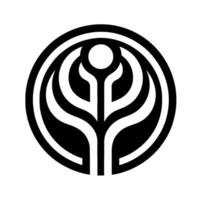 Monochromatic, circular emblem featuring stylized floral with interconnected arches and a central stem, enclosed within a thick black border. vector