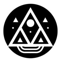 Geometric black and white within a circle, featuring layered triangles, a central dot and other geometric shapes, creating a symmetrical, minimalist composition. vector