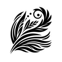 A stylized, symmetrical black and white botanical illustration featuring swirling leaflike forms, a central stem with delicate sprigs, and a circular element with dots. vector