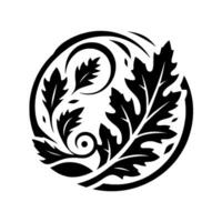 Bold Black and White Circular Oak Leaf Emblem A symmetrical featuring detailed leaf patterns, set within a modern, minimalist aesthetic. vector