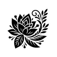 Intricate Black and White Floral Design A stylized, symmetrical composition of a blossoming flower, featuring layered petals and decorative leafy accents on a white background. vector
