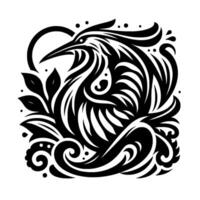 An intricate monochrome illustration of a stylized heron with elegant, swirling patterns, surrounded by leaves and abstract embellishments, conveying a sense of graceful movement and artistic flair. vector