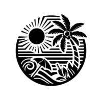 Black and White Circular Illustration of a Tropical Beach Scene Featuring Sun, Palm Tree, Umbrella and Waves. vector