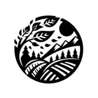 Intricate silhouette of a nature scene within a circle, showcasing trees, mountains, fields, and a stylized sun and leaves, evoking a sense of harmony. vector