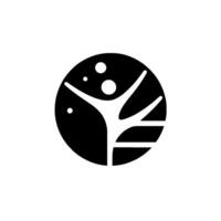A minimalist black and white depicting a stylized human figure reaching upward within a circle, suggestive of growth and expansion, accompanied by dots. vector