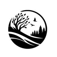 Silhouette of Nature A circular featuring a tree, flying birds, and a forest of pines against a white background. vector