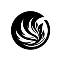A stylized black and white emblem featuring a spiraling arrangement of white leaflike shapes within a black circle, with an open segment. vector