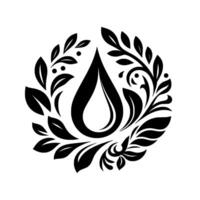 Elegant Black and White Emblem A teardrop shape encircled by a stylized floral wreath, suggestive of purity and nature. vector