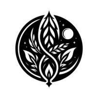Symbolic black and white within a circle intertwined leaves, a central flame, a moon, stars, and an ornate, symmetrical composition, evoking a sense of balance. vector